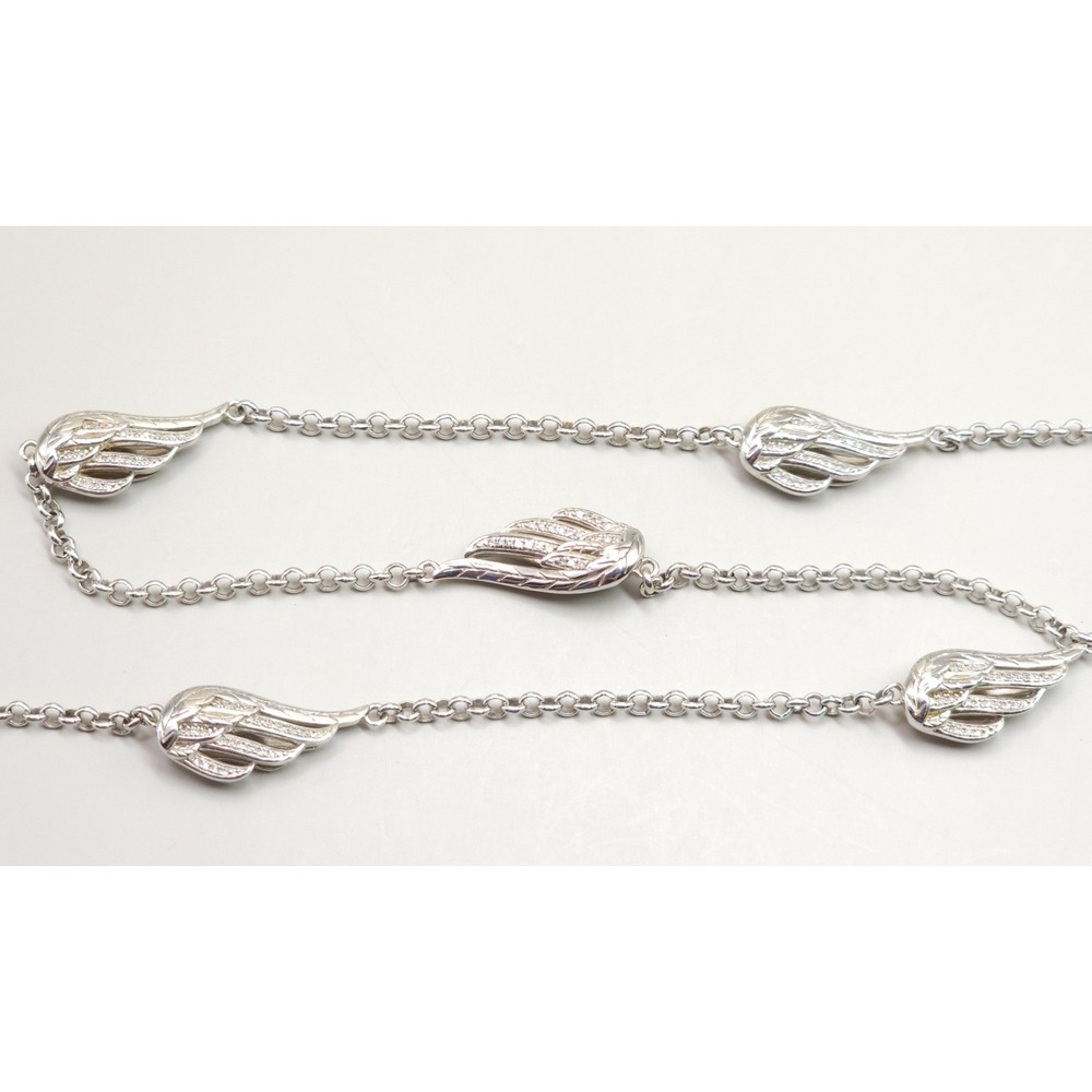 925 Sterling Silver Diamond Angel Wing 5 Station Necklace 24" Rolo Chain EA